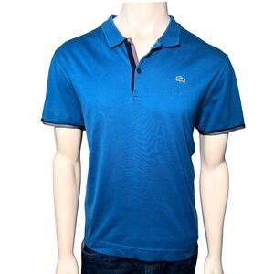 Lacoste Polo Shirt Mens 8 Teal Blue Excellent Slim Fit Striped Trim Short Sleeve
